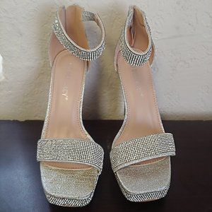 Silver Open Toe Rhinestone Studded High Heels with Anke Strap and Back Zipper